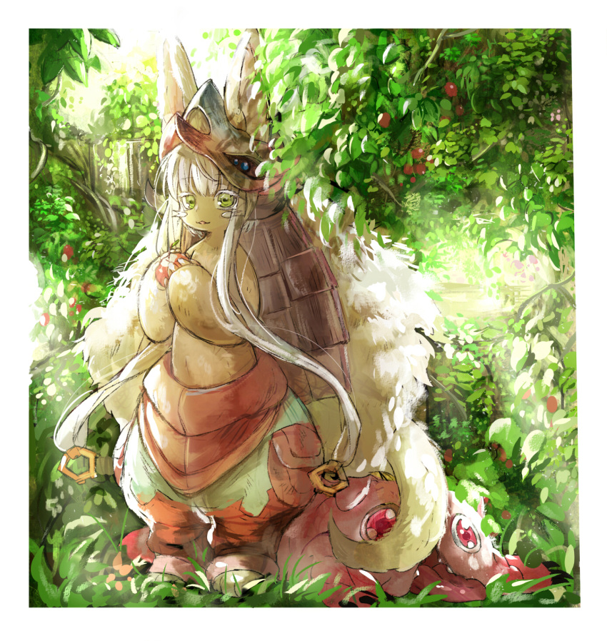 1other :3 androgynous animal_ears apple baggy_pants bangs barefoot border brown_fur colored_eyelashes commentary day fake_horns food fruit full_body furry grass green_eyes helmet highres holding holding_food holding_fruit horizontal_pupils horned_helmet horns leaf looking_at_viewer made_in_abyss mitty_(made_in_abyss) muraki_(owantogohan) nanachi_(made_in_abyss) open_mouth outdoors pants pelt plant pouch rabbit_ears short_hair_with_long_locks smile solo standing sunlight tail tree whiskers white_border white_hair