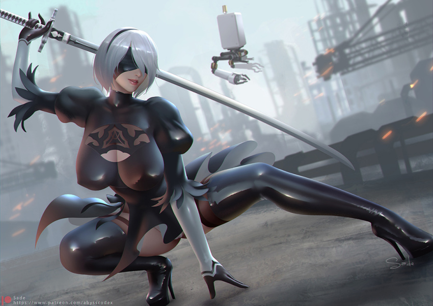 1girl black_dress blindfold boots breasts cleavage_cutout clothing_cutout commentary_request dress high_heel_boots high_heels impossible_clothes juliet_sleeves large_breasts latex latex_boots latex_dress latex_legwear long_sleeves mixed-language_commentary nier_(series) nier_automata parted_lips pod_(nier_automata) puffy_sleeves sade_abyss shiny shiny_clothes shiny_hair signature skin_tight superhero_landing sword thigh_boots weapon white_hair yorha_no._2_type_b