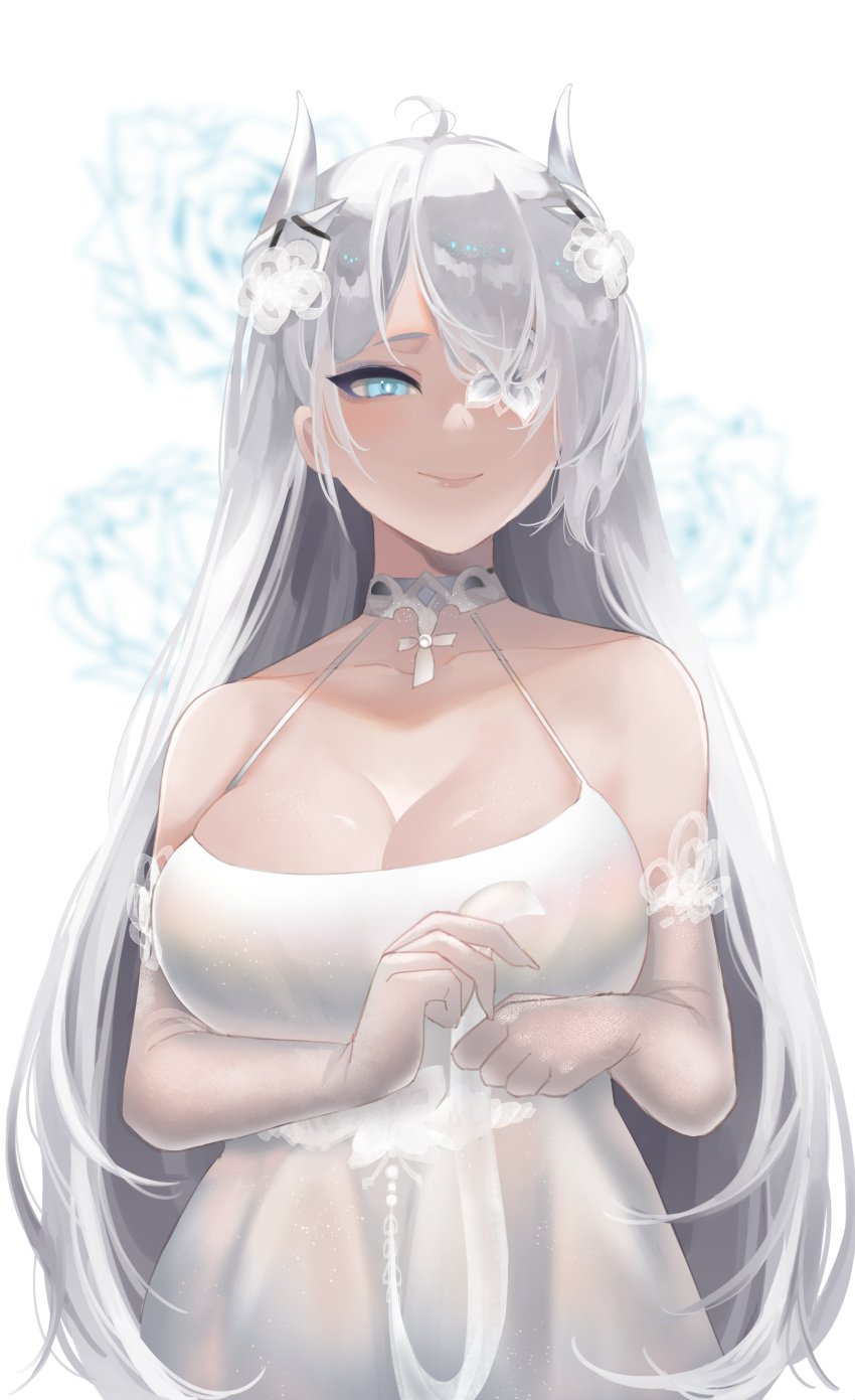 1girl absurdres azur_lane blue_eyes breasts cleavage dress elbow_gloves emden_(azur_lane) emden_(white_black_partita)_(azur_lane) flower flower_eyepatch gloves hair_flower hair_ornament highres lace-trimmed_gloves lace_trim large_breasts long_hair looking_at_viewer official_alternate_costume see-through_gloves simple_background skindentation sleeveless sleeveless_dress solo upper_body viinaa white_background white_dress white_flower white_gloves white_hair