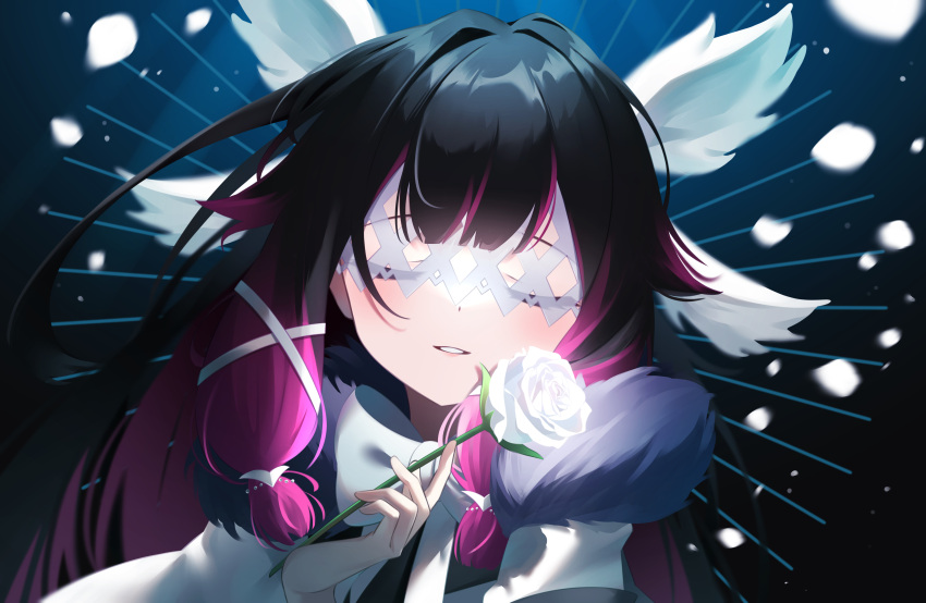 1girl absurdres aoitsuki black_hair closed_eyes columbina_(genshin_impact) commentary_request eye_mask facing_viewer flower fur_coat genshin_impact gradient_hair hair_ornament head_wings highres holding holding_flower long_hair multicolored_hair parted_lips rose smile solo two-tone_hair upper_body white_flower white_rose x_hair_ornament