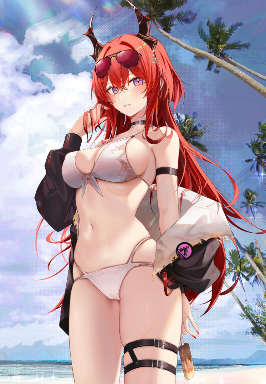 1girl arknights arm_strap bangs bikini blue_sky breasts cleavage cloud cloudy_sky cowboy_shot crossed_bangs demon_horns eyewear_on_head hair_between_eyes hand_in_own_hair highres holding_ice_cream horn_ornament horns ice_cream_bar jacket large_breasts long_hair looking_at_viewer navel open_clothes open_jacket outdoors palm_tree parted_lips purple_eyes red-tinted_eyewear red_hair red_nails ru_zhai sideboob skindentation sky smile solo stomach sunglasses surtr_(arknights) swimsuit thigh_strap tinted_eyewear tree very_long_hair wet white_bikini