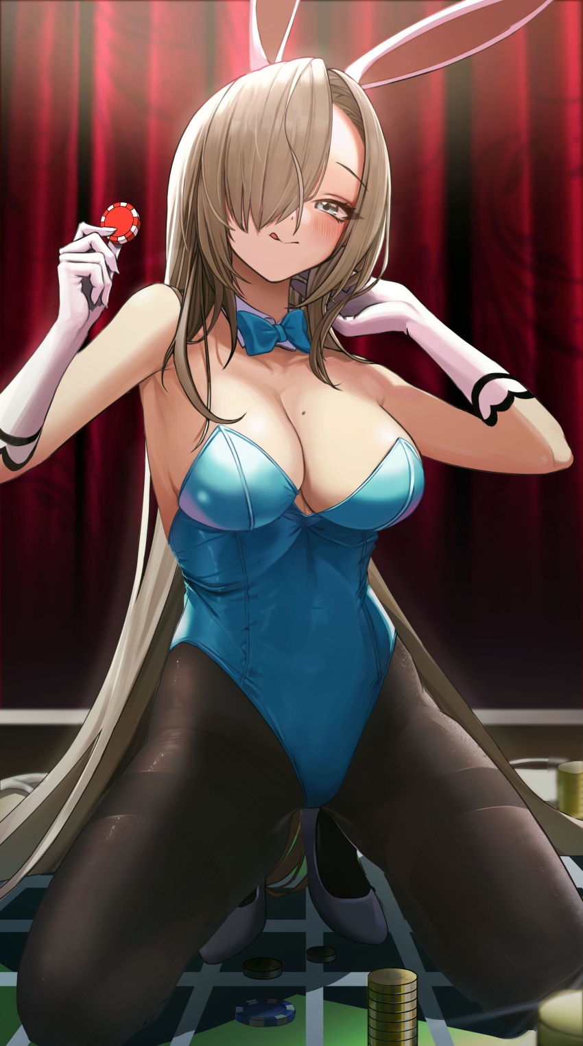 1girl :q absurdres animal_ears asuna_(blue_archive) asuna_(bunny)_(blue_archive) bangs bare_shoulders black_pantyhose blue_archive blue_bow blue_bowtie blue_eyes blue_leotard blush bow bowtie breasts brown_hair cleavage closed_mouth detached_collar elbow_gloves fake_animal_ears full_body gloves hair_over_one_eye hallo_(rltkdydrltk) hands_up highleg highleg_leotard highres kneeling large_breasts leotard long_hair looking_at_viewer mole mole_on_breast one_eye_covered pantyhose playboy_bunny poker_chip rabbit_ears smile solo thighband_pantyhose thighs tongue tongue_out white_footwear white_gloves