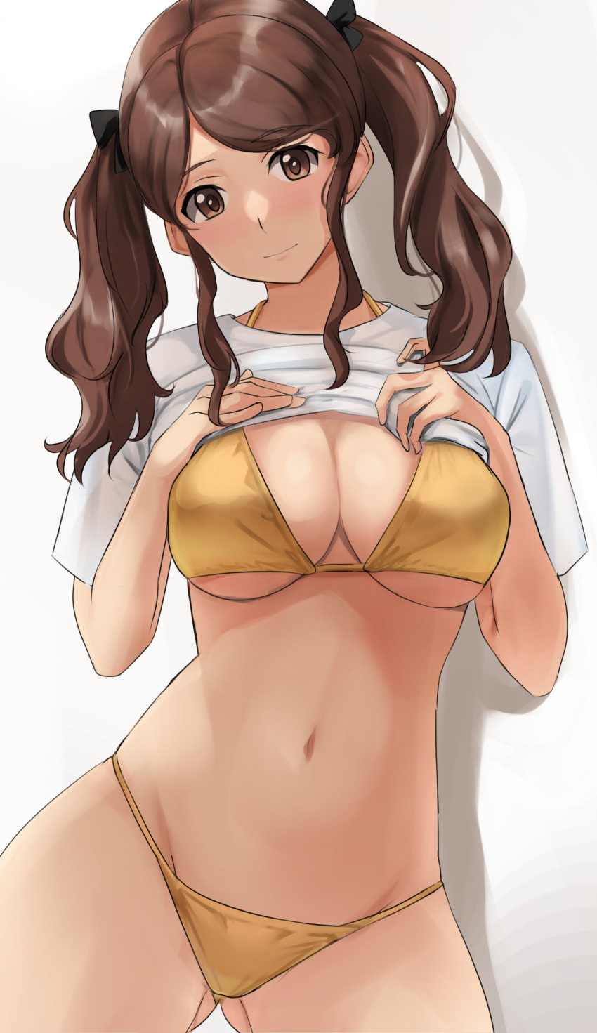 1girl amagami bikini black_bow blush bow breasts brown_eyes brown_hair cleavage clothes_lift gold_bikini hair_bow highres large_breasts long_hair looking_at_viewer nakata_sae navel shirt shirt_lift short_sleeves simple_background smile solo standing swimsuit swimsuit_under_clothes t-shirt twintails white_background white_shirt yellow_bikini yoo_tenchi