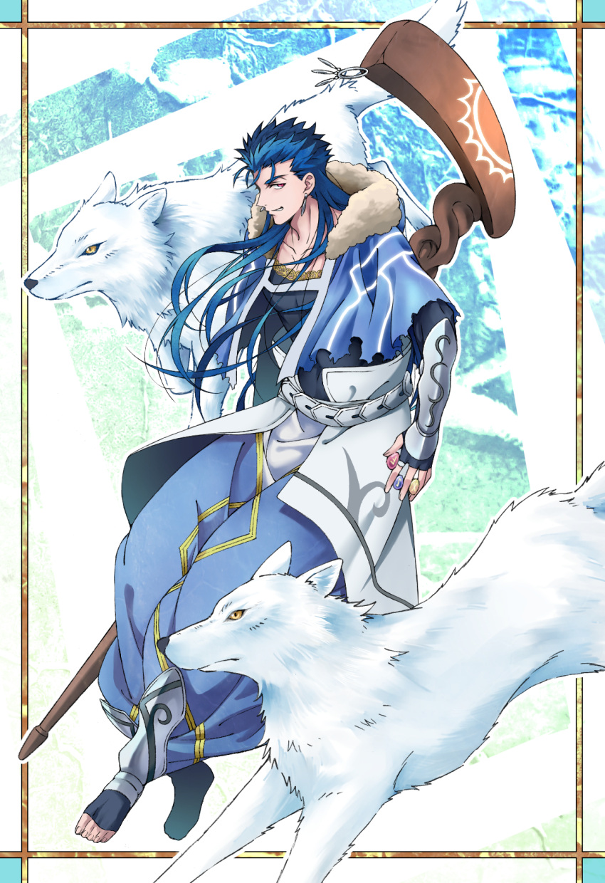 1boy 2others animal armor belt blue_hair capelet closed_mouth collarbone cu_chulainn_(caster)_(fate) cu_chulainn_(fate) earrings fate/grand_order fate_(series) floating_hair fur-trimmed_hood fur_trim gem greaves harem_pants highres holding holding_staff hood hood_down hooded_capelet jewelry long_hair looking_at_viewer male_focus multiple_others pants red_eyes runes sateiki7 skin_tight smile spiked_hair staff toeless_footwear vambraces white_wolf wolf wooden_staff