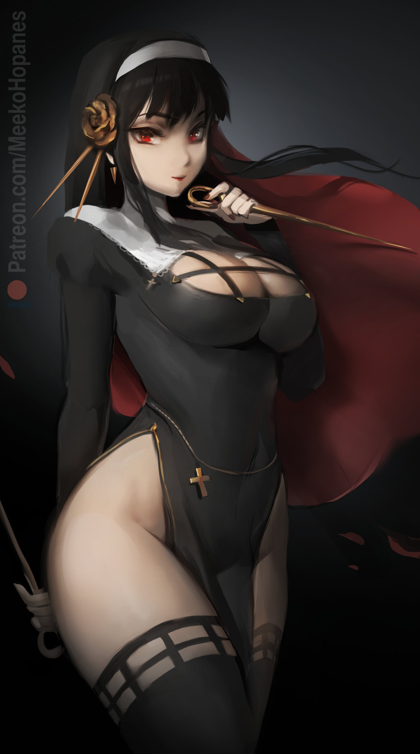 1girl absurdres bangs black_hair black_thighhighs breasts cleavage cowboy_shot cross hairband highres holding holding_weapon large_breasts long_hair long_sleeves looking_at_viewer meekohopanes nun patreon_username red_eyes red_lips red_nails sidelocks solo spy_x_family thighhighs thighs weapon yor_briar