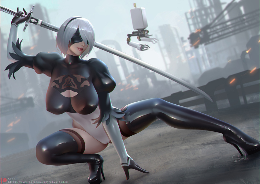 1girl blindfold boots breasts cleavage_cutout clothing_cutout commentary_request high_heel_boots high_heels highleg highleg_leotard impossible_clothes juliet_sleeves large_breasts latex latex_boots latex_legwear latex_leotard leotard long_sleeves mixed-language_commentary nier_(series) nier_automata parted_lips pod_(nier_automata) puffy_sleeves sade_abyss shiny shiny_clothes shiny_hair signature skin_tight superhero_landing sword thigh_boots weapon white_hair white_leotard yorha_no._2_type_b