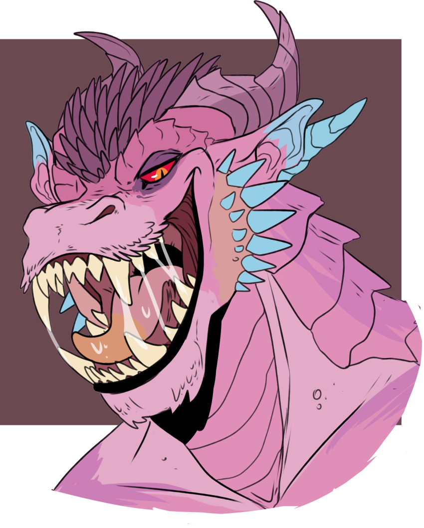 absurd_res anthro blue_ears blue_horn blue_inner_ear bodily_fluids bust_portrait cheek_horn dragon fangs front_view head_spikes hi_res horn imperatorcaesar looking_at_viewer male multicolored_tongue narrowed_eyes open_mouth open_smile orange_eyes orange_tongue pink_body pink_ears pink_inner_ear pink_tongue portrait red_sclera saliva saliva_on_tongue saliva_string simple_background smile solo spikes spikes_(anatomy) tongue two_tone_tongue