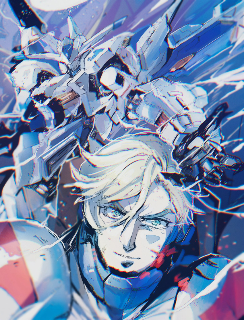 1boy bangs blonde_hair blood blue_eyes blurry commentary gundam gundam_bael gundam_tekketsu_no_orphans hair_between_eyes highres kare_(0621utak) looking_at_viewer mcgillis_fareed mecha mobile_suit pilot_suit robot science_fiction smile upper_body v-fin