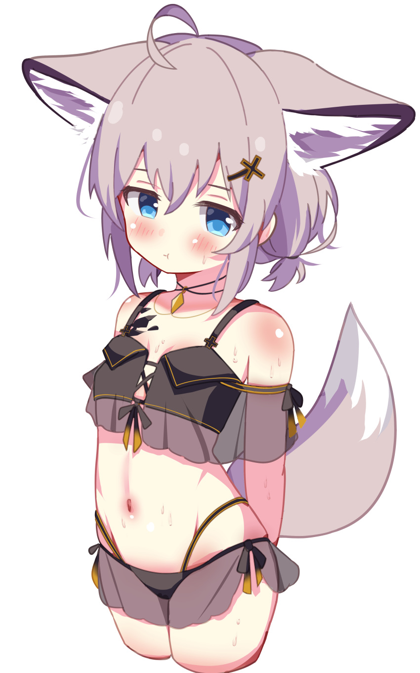 1girl :t absurdres ahoge animal_ear_fluff animal_ears arknights arms_behind_back bangs bare_shoulders bikini black_bikini blue_eyes blush breasts closed_mouth cropped_legs eyebrows_hidden_by_hair fox_ears fox_girl fox_tail grey_hair hair_between_eyes hair_ornament hairclip highleg highleg_bikini highres looking_at_viewer low_twintails navel pout rebaa see-through short_twintails simple_background small_breasts solo sussurro_(arknights) swimsuit tail twintails white_background x_hair_ornament
