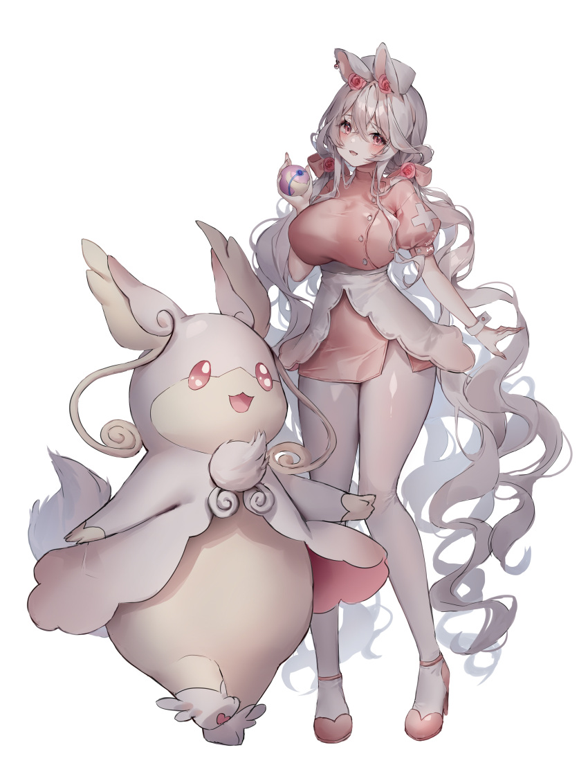 absurdres audino breasts dress highres large_breasts long_hair mega_audino mega_pokemon nurse pantyhose personification pink_dress pink_footwear poke_ball pokemon red_eyes shiro_albino very_long_hair white_hair white_pantyhose