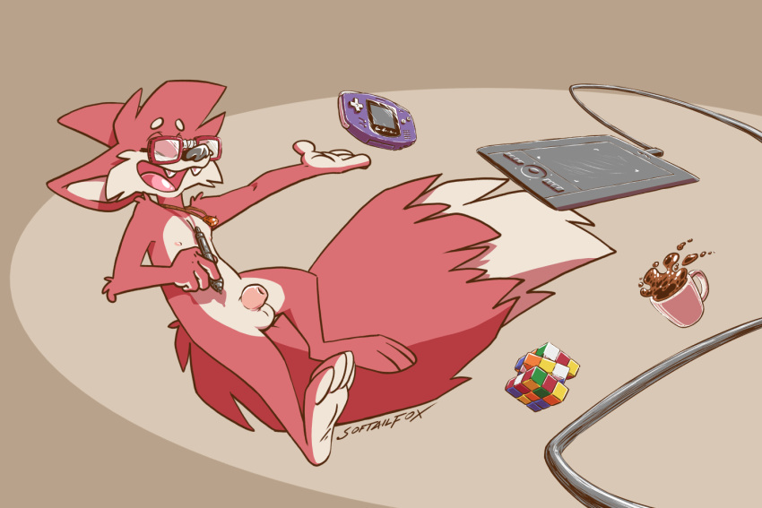 balls barefoot beverage big_feet big_hands big_tail broken_glasses canid canine drawing_tablet eyewear feet flaccid fluffy fluffy_tail foreskin fox fur gameboy_advance gem genitals glasses head_tuft jewelry male mammal necklace nintendo nipples nude_male pendant penis red_body red_fox red_fur rubik's_cube short short_male small_penis soft_penis softailfox stylus tea toony tuft video_games