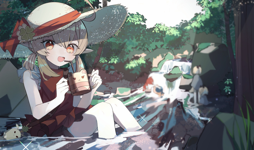 2boys 3girls :d alternate_costume bangs barbara_(genshin_impact) belt black_hair blurry commentary_request cup depth_of_field diluc_(genshin_impact) dodoco_(genshin_impact) drinking_straw forest genshin_impact gwi_dong_nyang hair_between_eyes hat highres holding holding_cup jean_(genshin_impact) jumpy_dumpty kaeya_(genshin_impact) klee_(genshin_impact) knees_together_feet_apart knees_up light_brown_hair long_hair looking_at_viewer low_ponytail low_twintails mug multiple_boys multiple_girls nature one-piece_swimsuit orange_eyes pointy_ears ponytail red_hair red_swimsuit river rock sidelocks sitting sleeveless smile solo_focus straw_hat stream sun_hat swimsuit tree twintails water waterfall