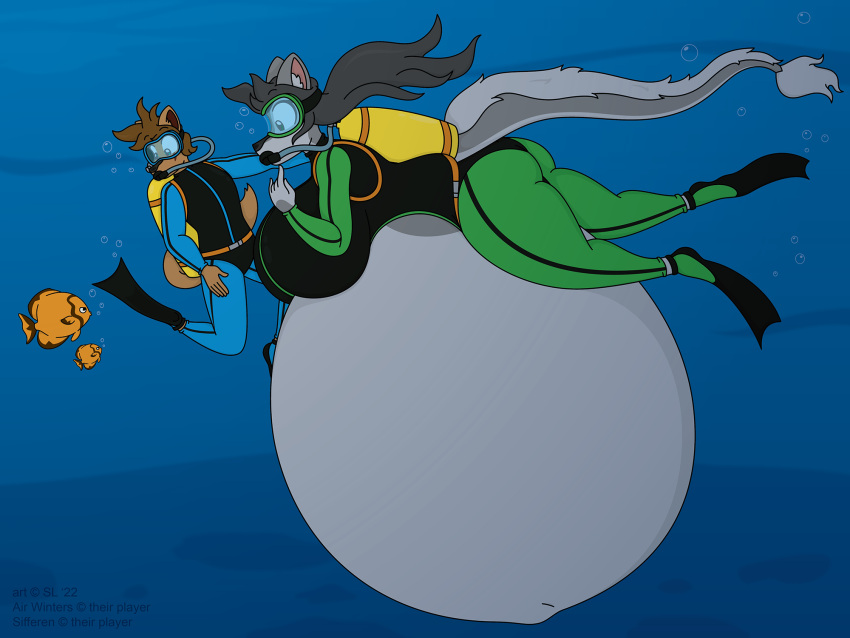 2022 air_tank air_winters anthro belly big_belly big_breasts breasts brown_body brown_fur brown_hair bubble butt canid canine canis digital_media_(artwork) diving_mask duo female fish flippers fur grey_body grey_fur grey_hair hair hi_res hyper hyper_belly hyper_pregnancy male mammal marine mask multicolored_body multicolored_fur navel outie_navel pregnant pregnant_female satsumalord scuba scuba_gear sifferen_(ableseth) two_tone_body two_tone_fur underwater water wolf
