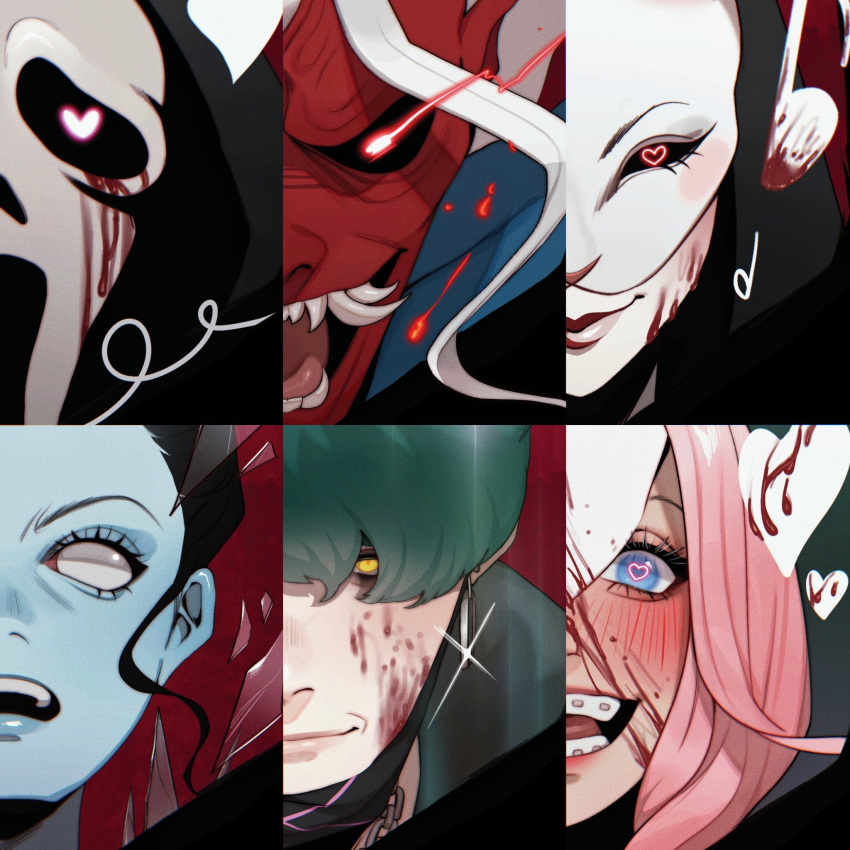 3boys 3girls black_hair black_sclera blood blood_on_face blue_eyes blue_skin braces colored_sclera colored_skin dbdkitty dead_by_daylight earrings english_commentary ghostface glowing glowing_eye green_hair heart heart_in_eye highres jewelry mask multiple_boys multiple_girls open_mouth pink_hair red_eyes red_skin smile sparkle symbol_in_eye the_huntress_(dead_by_daylight) the_legion_(dead_by_daylight) the_oni_(dead_by_daylight) the_spirit_(dead_by_daylight) the_trickster_(dead_by_daylight)