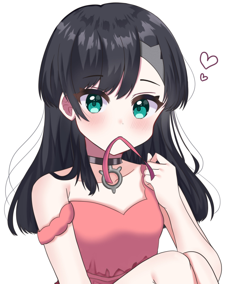 1girl api_peko asymmetrical_bangs bangs black_choker black_hair blush choker collarbone commentary_request dress eyelashes green_eyes hand_up heart highres knees long_hair looking_at_viewer marnie_(pokemon) mouth_hold off_shoulder pink_dress pokemon pokemon_(game) pokemon_swsh ribbon ribbon_in_mouth solo upper_body