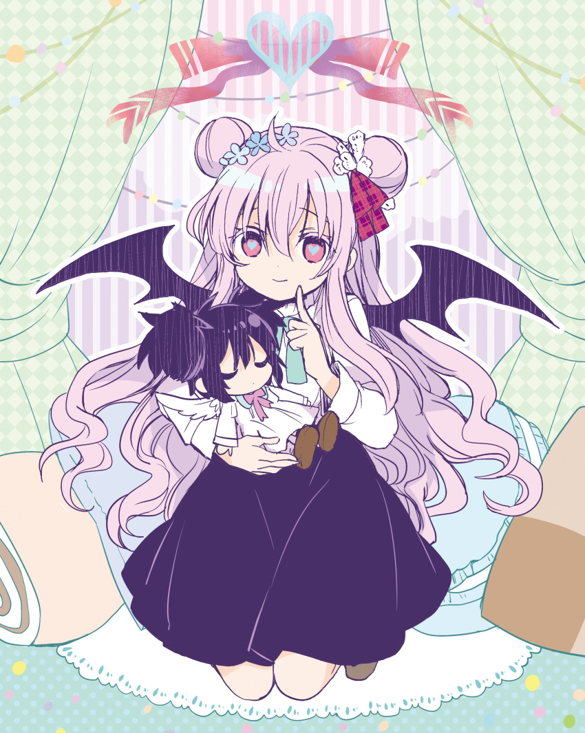 2girls absurdres ahoge bat_wings black_hair chibi closed_eyes curtains double_bun dress hair_bun happy_sugar_life heart heart-shaped_pupils highres kagisoratomiyaki kneeling koube_shio long_hair matsuzaka_satou multiple_girls pillow pink_hair skirt smile symbol-shaped_pupils wings