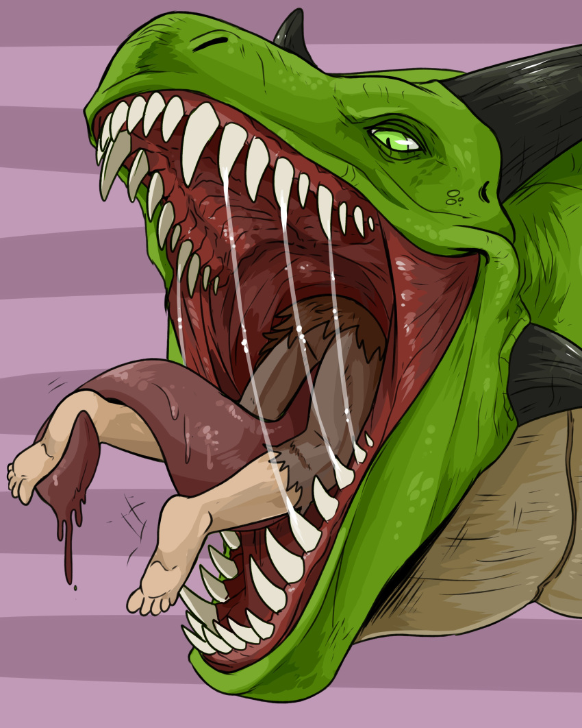 absurd_res ambiguous_gender black_horn bodily_fluids bottomwear brown_bottomwear brown_clothing brown_topwear cheek_horn clothing dragon fangs feet glistening glistening_eyes green_body green_eyes green_scales hi_res horn human humanoid_feet imperatorcaesar mammal mouth_shot open_mouth oral_vore pattern_background red_tongue saliva saliva_on_tongue saliva_string scales sharp_teeth simple_background striped_background tan_body tan_scales teeth tongue topwear vore