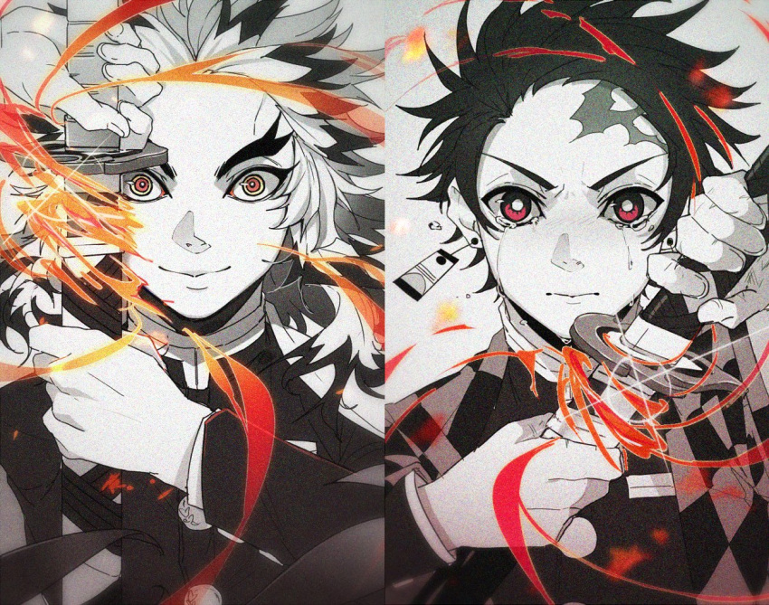 2boys cape checkered_clothes closed_mouth colored_tips comparison crying crying_with_eyes_open demon_slayer_uniform earrings fire floating_hair forked_eyebrows frown furrowed_brow hands_up haori japanese_clothes jewelry kamado_tanjirou katana kimetsu_no_yaiba long_sleeves looking_at_viewer medium_hair monochrome multicolored_eyes multicolored_hair multiple_boys orange_eyes pig_ggul portrait red_eyes rengoku_kyoujurou ringed_eyes scar scar_on_face scar_on_forehead sheath short_hair smile spot_color streaked_hair sword tears unsheathing weapon wind yellow_eyes