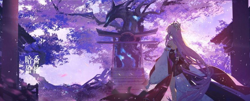 1girl animal_ears architecture back bare_legs cherry_blossoms east_asian_architecture falling_petals flower fox_ears fox_girl genshin_impact hair_ornament highres japanese_clothes li0n_(kongshushiwo) long_hair miko petals pink_hair shrine_bell solo standing tree yae_miko