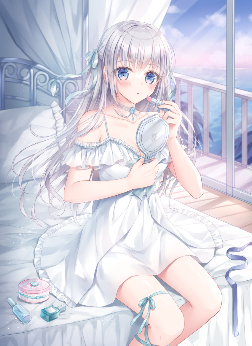 1girl :o bangs bare_shoulders blue_eyes blue_ribbon blue_sky blush cloud collarbone commentary_request cosmetics dress feet_out_of_frame frilled_dress frills grey_hair hair_ribbon hand_mirror highres holding holding_lipstick_tube holding_mirror horizon indoors kohinata_hoshimi lipstick_tube long_hair looking_at_viewer mirror ocean off-shoulder_dress off_shoulder on_bed original parted_lips ribbon sitting sitting_on_bed sky solo sunrise very_long_hair water white_dress window