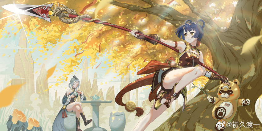 1other 2girls animal_ears bangs bear bear_ears blue_hair china_dress chinese_clothes chujiuduyi closed_eyes crossed_legs dress genshin_impact grey_hair guoba_(genshin_impact) highres holding holding_polearm holding_weapon lance madame_ping_(genshin_impact) multiple_girls polearm short_hair sitting smile standing standing_on_one_leg weapon xiangling_(genshin_impact) yellow_eyes