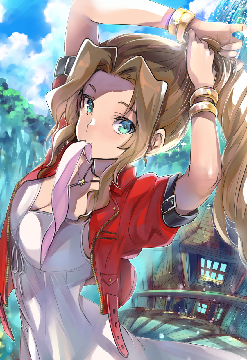 1girl absurdres aerith_gainsborough aqua_eyes bangle bangs bracelet braid braided_ponytail breasts brown_hair choker cleavage cloud cloudy_sky cropped_jacket dress final_fantasy final_fantasy_vii final_fantasy_vii_remake hands_in_hair highres house jacket jewelry long_hair looking_at_viewer medium_breasts mouth_hold outdoors parted_bangs pink_dress pink_ribbon red_jacket ribbon ribbon_in_mouth shoji_sakura short_sleeves sidelocks sky solo sparkle stairs upper_body wavy_hair