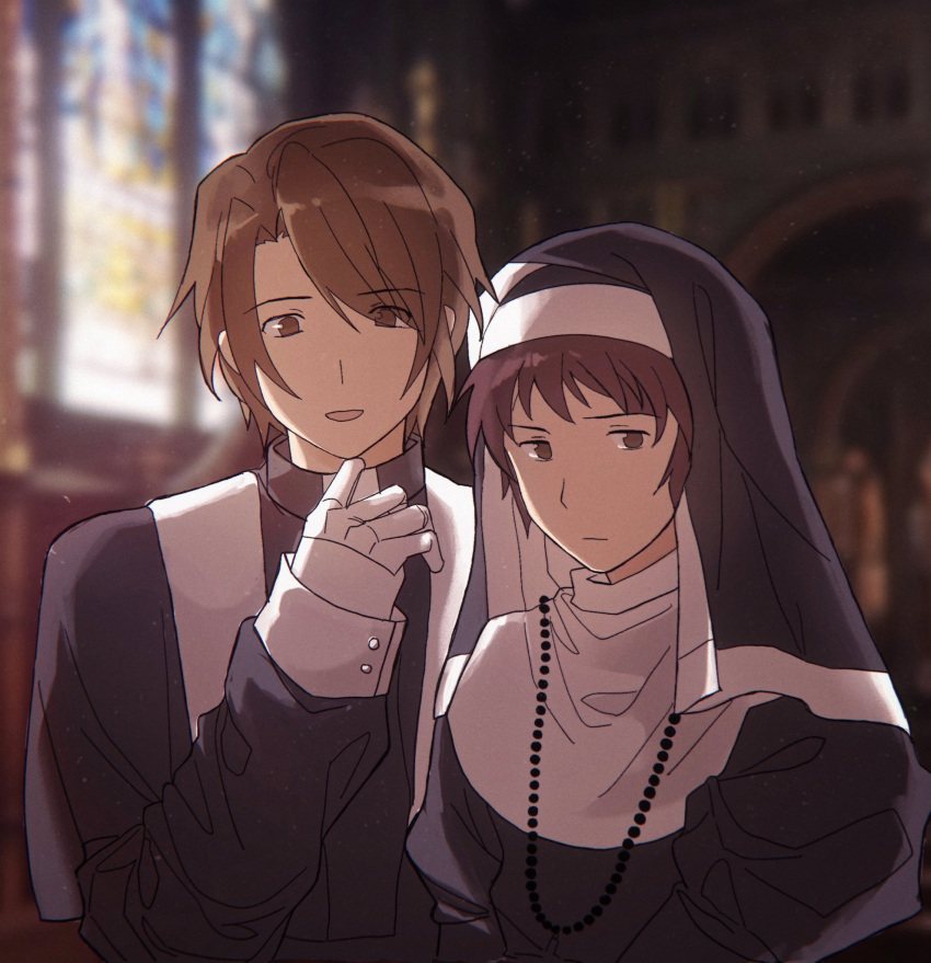 2boys alternate_costume bangs blurry blurry_background brown_eyes brown_hair closed_mouth commentary_request crossdressing eyes_visible_through_hair gloves habit highres indoors kl_(reikishikl) koizumi_itsuki kyon long_sleeves looking_at_viewer male_focus multiple_boys nun parted_lips priest short_hair suzumiya_haruhi_no_yuuutsu white_gloves