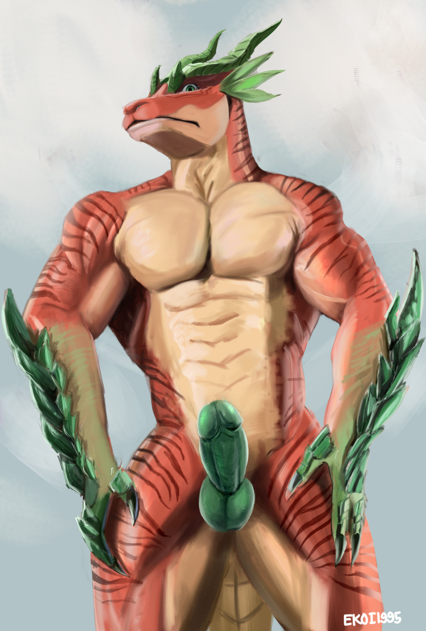 absurd_res anthro balls dragon ekoi1995 erection genitals green_balls green_eyes green_penis hi_res humanoid_genitalia humanoid_penis male muscular penis pinup pose red_body solo striped_arms striped_legs tan_body