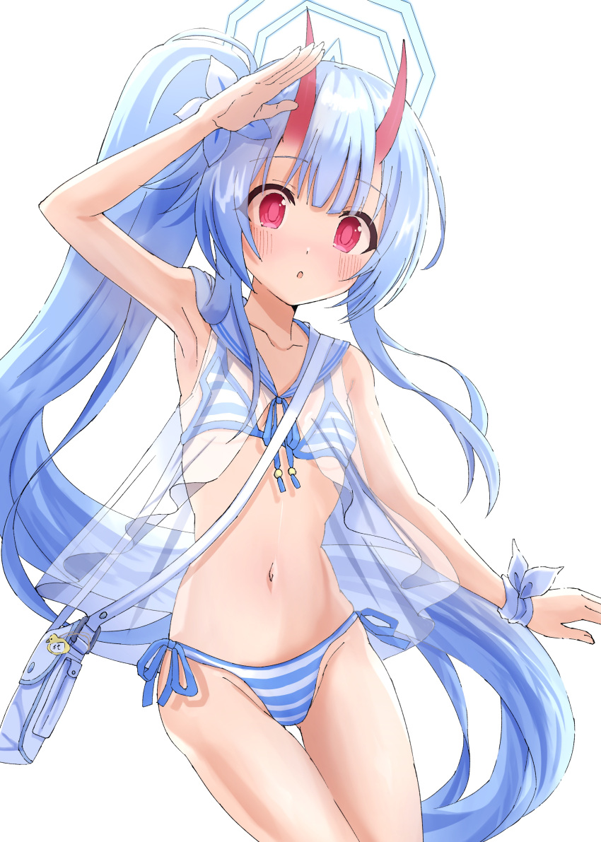 1girl absurdres arm_up armpits artina ass_visible_through_thighs bag bikini blue_archive blue_hair blush breasts chise_(blue_archive) chise_(swimsuit)_(blue_archive) groin halo highres horns long_hair navel oni oni_horns open_mouth red_eyes see-through shirt side-tie_bikini side_ponytail simple_background sleeveless sleeveless_shirt small_breasts solo striped striped_bikini swimsuit thigh_gap thighs very_long_hair white_background