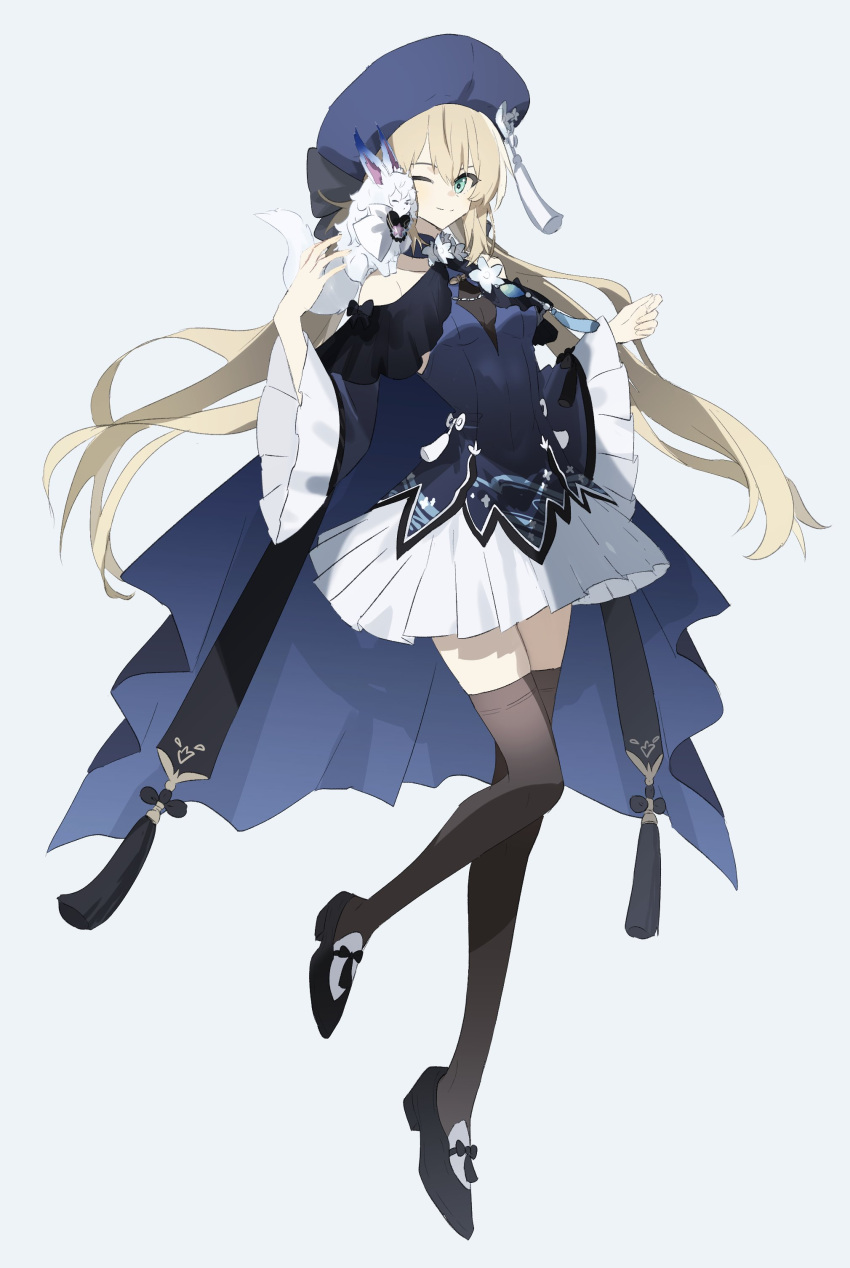 1girl absurdres artoria_caster_(fate) artoria_pendragon_(fate) bangs bare_shoulders beret black_bow black_footwear black_ribbon blonde_hair blue_cape blue_choker blue_headwear blue_vest bow breasts cape choker closed_eyes closed_mouth colored_skin fate/grand_order fate_(series) flower fou_(fate) full_body green_eyes hair_bow hat highres holding legs_together long_hair long_sleeves looking_at_viewer multicolored_clothes ne_f_g_o ribbon shoes skirt small_breasts smile solo thighhighs twintails vest white_background white_flower white_skin
