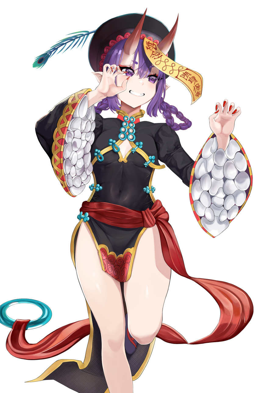 1girl absurdres china_dress chinese_clothes dress eyeliner fate/grand_order fate_(series) hair_between_eyes hair_rings hat highres horns jiangshi jiangshi_costume makeup morime official_alternate_costume ofuda oni oni_horns peacock_feathers pelvic_curtain purple_eyes purple_hair qing_guanmao red_nails short_eyebrows shuten_douji_(fate) shuten_douji_(festival_outfit)_(fate) skin-covered_horns solo talisman