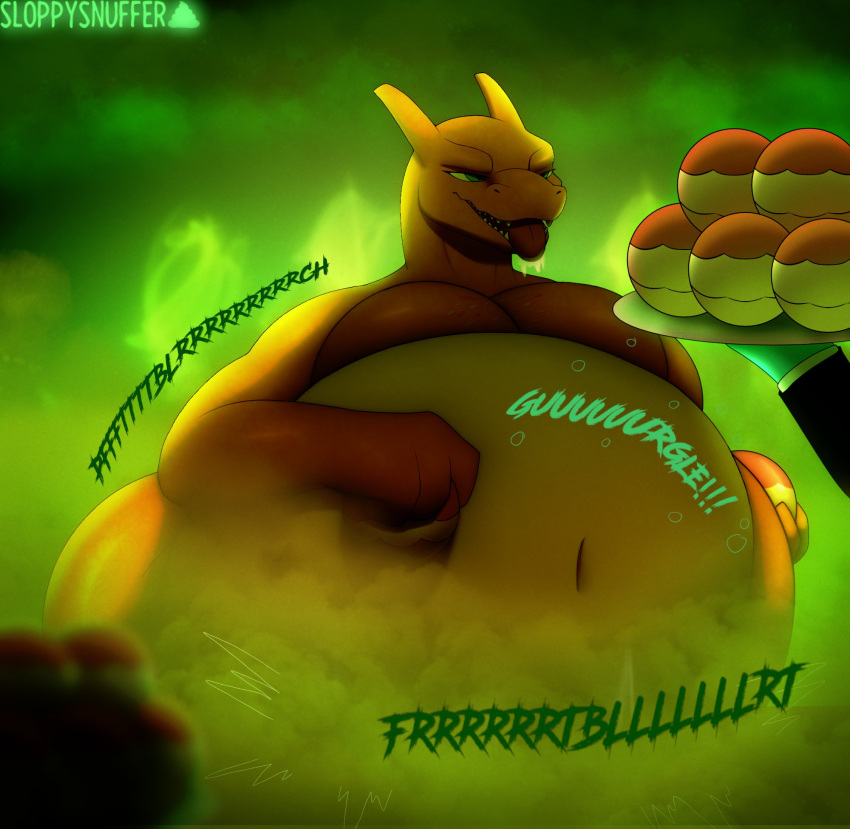 anthro belly belly_overhang big_belly big_penis bloated charizard dragon fart fart_cloud fart_fetish food from_front_position genitals green_eyes gurgling_noise hi_res holding_food holding_object huge_fart huge_thighs hyper hyper_belly looking_at_another looking_pleasured male moobs motion_lines multicolored_body muscular muscular_male navel nintendo orange_body organs overweight overweight_male penis pok&eacute;mon pok&eacute;mon_(species) rumbling_stomach sexy_eyes solo sound_effects stomach thick_thighs tongue tongue_out two_tone_body video_games wide_hips zexyprof