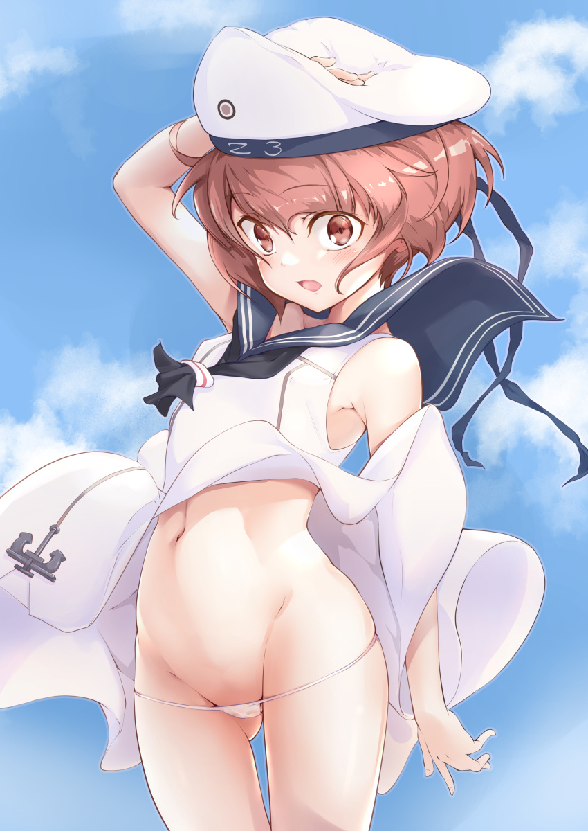 1girl absurdres blue_sailor_collar blue_sky brown_eyes brown_hair cloud cowboy_shot dress dress_shirt hat highres kantai_collection lowleg lowleg_panties navel panties sailor_collar sailor_dress sailor_hat shirt short_hair sky sleeveless sleeveless_dress solo standing underwear user_dvnf8582 white_dress white_headwear white_panties wind wind_lift z3_max_schultz_(kancolle)