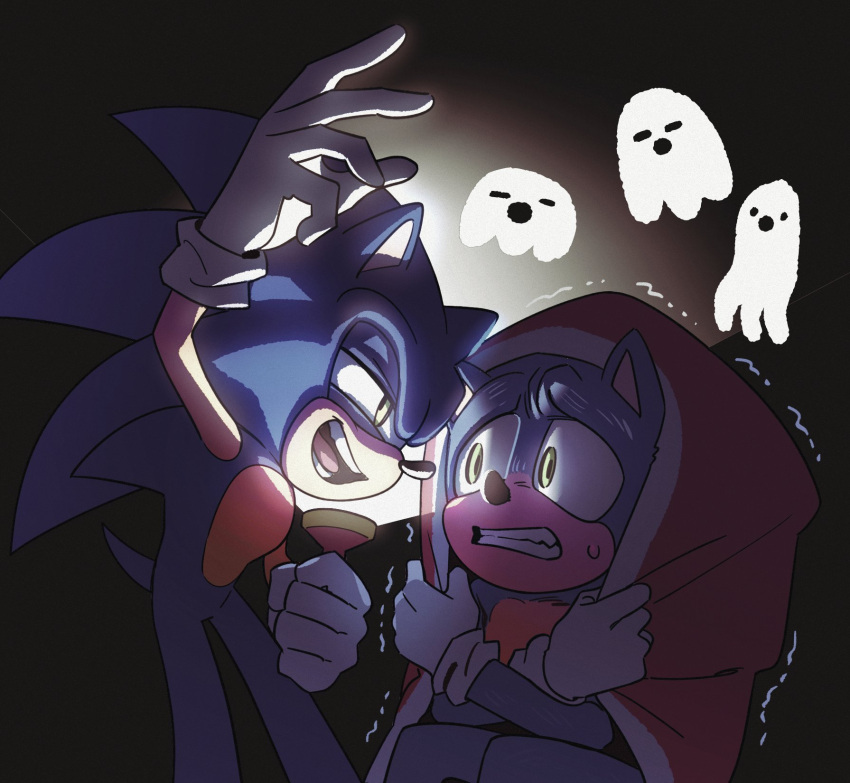2boys arm_up commentary_request dual_persona eye_contact flashlight furry furry_male ghost gloves green_eyes highres holding holding_flashlight hyeon_sonic looking_at_another male_focus multiple_boys open_mouth scared sonic_(series) sonic_the_hedgehog sonic_the_hedgehog_2_(film) sweatdrop trembling white_gloves