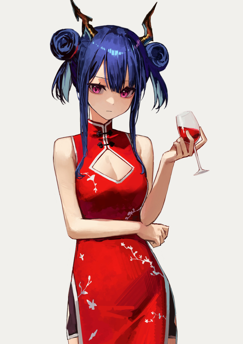 1girl absurdres arknights arm_under_breasts black_shorts blue_hair breasts ch'en_(ageless_afterglow)_(arknights) ch'en_(arknights) china_dress chinese_clothes cleavage cleavage_cutout clothing_cutout cowboy_shot cup double_bun dragon_horns dress drinking_glass grey_background hair_bun hand_up highres holding holding_cup horns long_hair medium_breasts no_tail official_alternate_costume pink_eyes shorts sidelocks simple_background sleeveless sleeveless_dress solo wine_glass yoon_cook