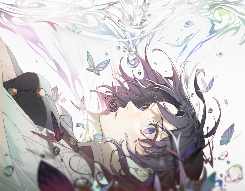 1girl air_bubble animal bangs black_hair black_jacket blurry blurry_foreground breasts bubble bug butterfly commentary_request depth_of_field highres jacket kimetsu_no_yaiba kochou_shinobu medium_breasts open_clothes parted_bangs parted_lips pig_ggul purple_eyes solo underwater upper_body water