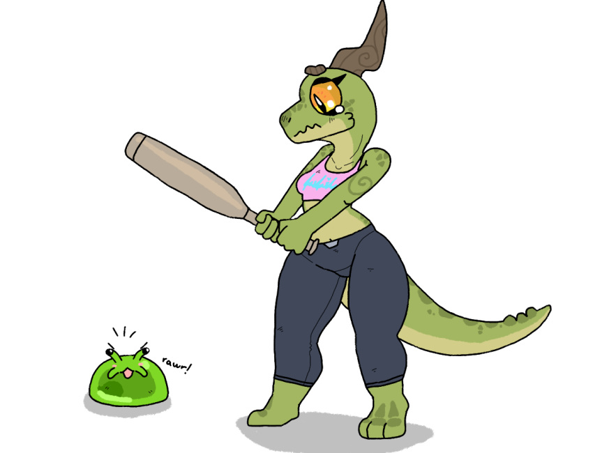 amber_(squablodecomplash) ambiguous_gender anthro baseball_bat bat_(object) black_clothing blue_clothing blush bodily_fluids brown_horn clothing duo eyelashes eyeshadow female goo_creature green_body green_scales holding_object holding_weapon horn horn_markings kobold makeup markings multicolored_body multicolored_scales navel orange_eyes paws pink_clothing scales scalie scared squablodecomplash tears text two_tone_body two_tone_scales two_tone_tail weapon yellow_eyes