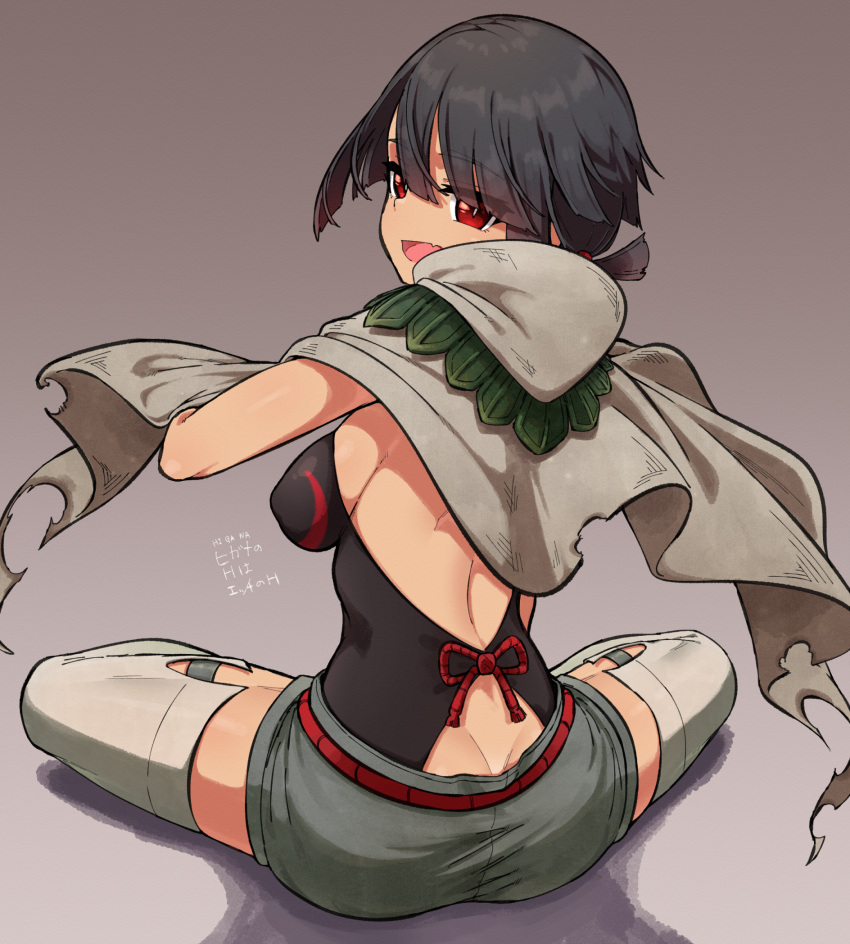 1girl bangs belt black_hair black_shirt breasts butt_crack cloak commentary_request full_body grey_background grey_shorts grey_thighhighs highres irokohaku long_hair looking_back open_mouth pokemon pokemon_(game) pokemon_oras red_belt red_eyes rope_belt shirt short_shorts shorts sitting smile solo thighhighs tongue zinnia_(pokemon)