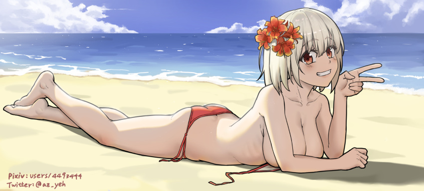 1girl ass bangs bare_legs barefoot beach bikini blonde_hair blue_sky breasts brown_eyes cloud collarbone commentary_request day flower full_body grin hair_between_eyes hair_flower hair_ornament hand_up highres horizon large_breasts looking_at_viewer lycoris_recoil lying mr_yah nishikigi_chisato ocean on_ground on_stomach outdoors pixiv_id red_bikini red_flower side-tie_bikini sky smile solo swimsuit twitter_username untied untied_bikini v water