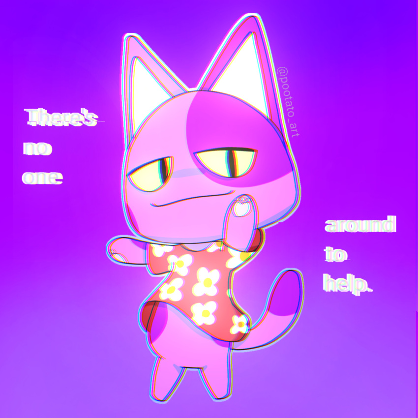 animal_crossing bob_(animal_crossing) clothing dancing domestic_cat felid feline felis flower fur hi_res male mammal nintendo paws plant pootato purple purple_background purple_body purple_fur red_clothing red_shirt red_topwear shirt simple_background smile topwear vhs video_games yellow_eyes