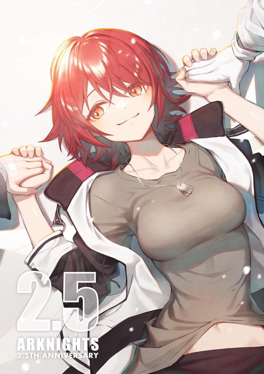 1boy 2girls anniversary arknights blush breasts clothes_lift commentary_request dog_tags energy_wings exusiai_(arknights) gloves grey_shirt halo hands_up happy highres holding_hands jacket looking_at_viewer looking_to_the_side lying medium_breasts medium_hair midriff_peek multiple_girls navel on_back open_clothes open_jacket orange_eyes red_eyes red_hair shirt shirt_lift sho_(sumika) smile solo_focus white_gloves