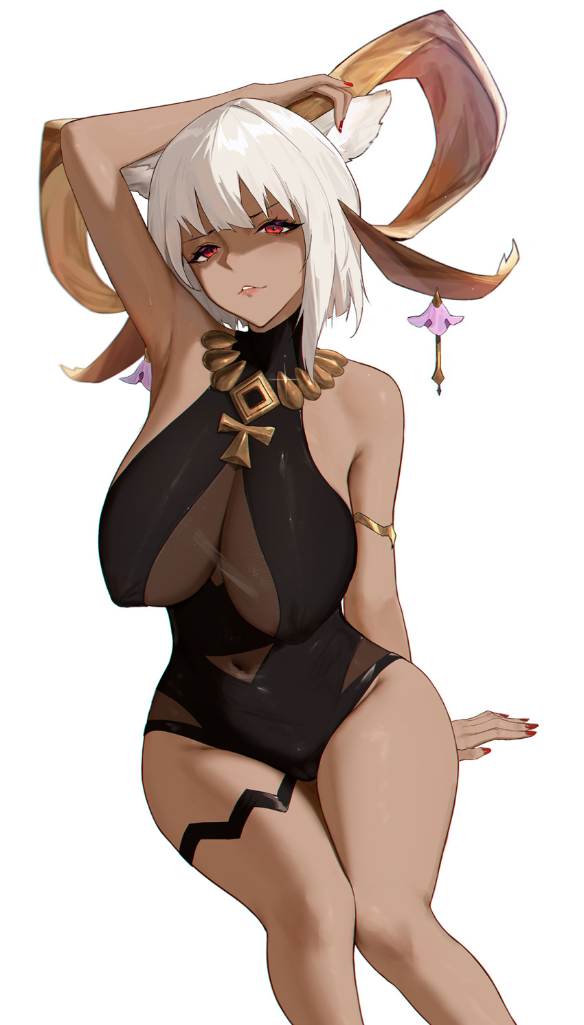 1girl animal_ears arknights arm_up armlet armpits bare_shoulders black_swimsuit breasts carnelian_(arknights) carnelian_(shining_dew)_(arknights) casual_one-piece_swimsuit cleavage covered_navel covered_nipples dark-skinned_female dark_skin feet_out_of_frame goat_ears goat_girl goat_horns grey_hair highres horn_ornament horns invisible_chair jewelry large_breasts looking_at_viewer nail_polish necklace one-piece_swimsuit parted_lips red_eyes red_nails sawaki_ken shaded_face short_hair sitting solo swimsuit thighlet