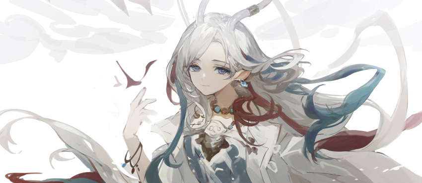 1girl a_deer_of_nine_colors animal_ears antlers aona_(ns) arknights blue_eyes blue_hair bracelet closed_mouth coat jewelry long_hair looking_at_viewer multicolored_hair necklace nine-colored_deer open_clothes open_coat red_hair simple_background smile solo streaked_hair upper_body very_long_hair white_background white_coat white_hair