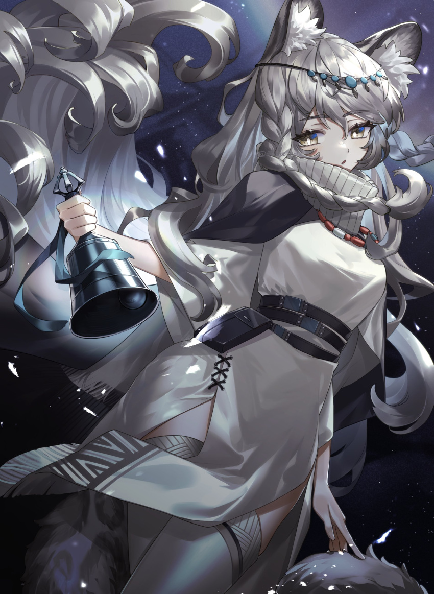 1girl absurdres animal_ear_fluff animal_ears arknights bangs bell belt belt_pouch black_cape braid breasts bright_pupils brown_eyes cape circlet dark_background dress geta_(epicure_no12) grey_hair grey_thighhighs highres holding holding_bell jewelry leopard_ears leopard_girl leopard_tail light_particles long_hair long_sleeves looking_at_viewer medium_breasts necklace parted_lips pelvic_curtain pouch pramanix_(arknights) solo tail thighhighs turtleneck_dress twin_braids very_long_hair white_dress wide_sleeves