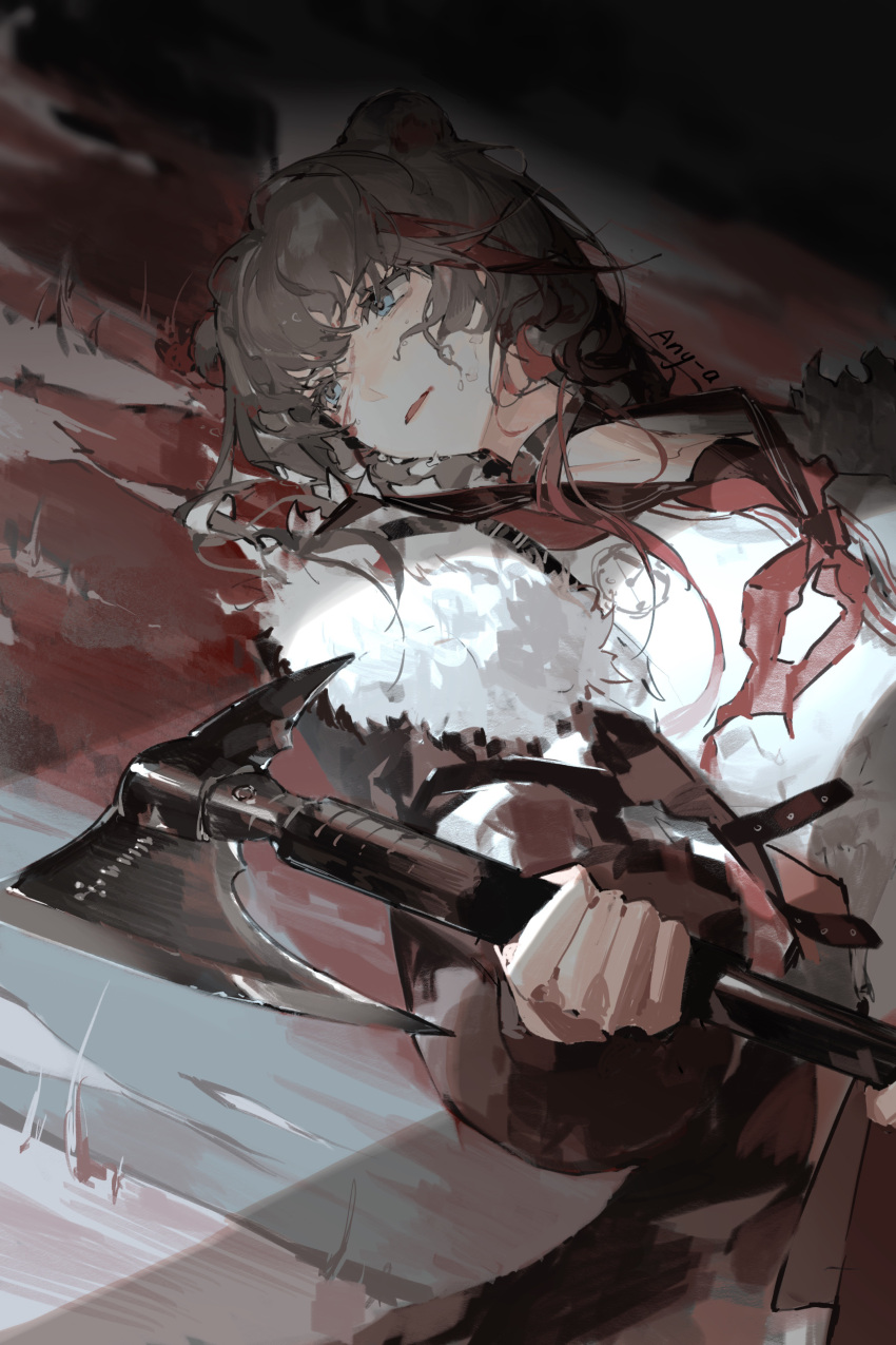 1girl absurdres aniao_ya animal_ears arknights artist_name axe bear_ears black_choker black_coat black_sailor_collar blood blue_eyes brown_hair choker coat collarbone fur-trimmed_coat fur_trim highres holding holding_weapon long_hair long_sleeves looking_to_the_side lying multicolored_hair neckerchief on_back open_clothes open_coat open_mouth pool_of_blood red_hair red_neckerchief sailor_collar school_uniform serafuku shirt solo streaked_hair two-tone_hair upper_body v-shaped_eyebrows weapon white_shirt zima_(arknights)