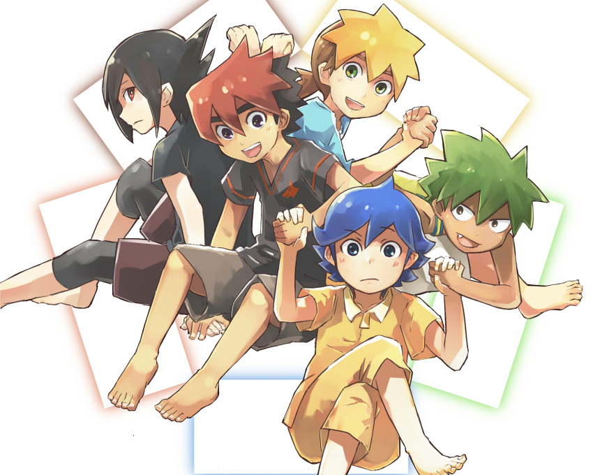 5boys :d barefoot black_hair black_shirt black_shorts blonde_hair blue_eyes blue_hair blue_shirt blush brown_hair brown_shorts ceylan_jones crossed_legs dark-skinned_male dark_skin fang frown geetgeet green_eyes green_hair grey_shorts guren_nash highres holding_hands inukai_gen kameyama_tokusa male_focus mason_chooki multicolored_hair multiple_boys red_eyes red_hair shirt shorts simple_background sitting smile spiked_hair tenkai_knights two-tone_hair white_background yellow_shirt