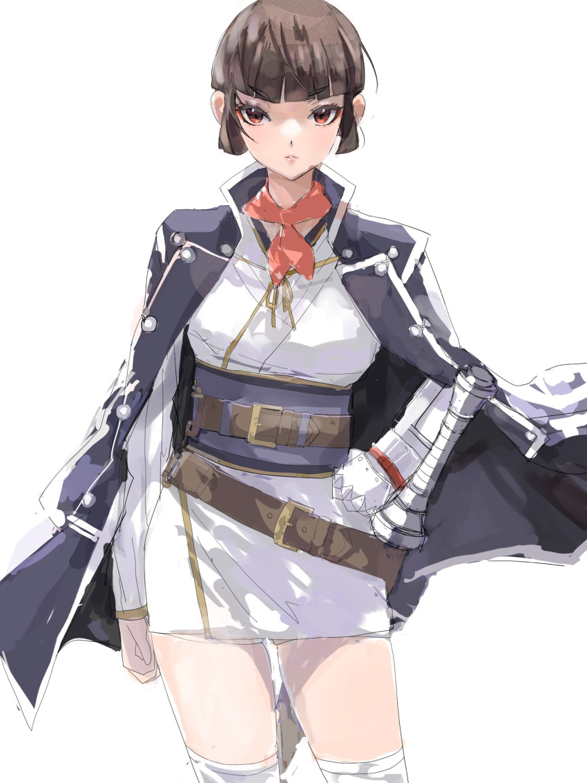 1girl artist_request bangs belt blunt_bangs breasts brown_eyes brown_hair coat highres isabeau_(smt) looking_at_viewer red_eyes shin_megami_tensei shin_megami_tensei_iv short_hair simple_background smile solo sword thighhighs weapon white_background