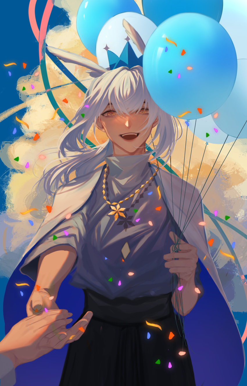 :d absurdres amber_eyes balloon bangs cloud confetti cowboy_shot festival grey_hair grin happy hat highres holding holding_balloon holding_hands huayao233 long_sleeves looking_at_viewer mimizuku_(sky:_children_of_the_light) outstretched_hand pointy_hair ponytail sky:_children_of_the_light smile white_hair yellow_eyes