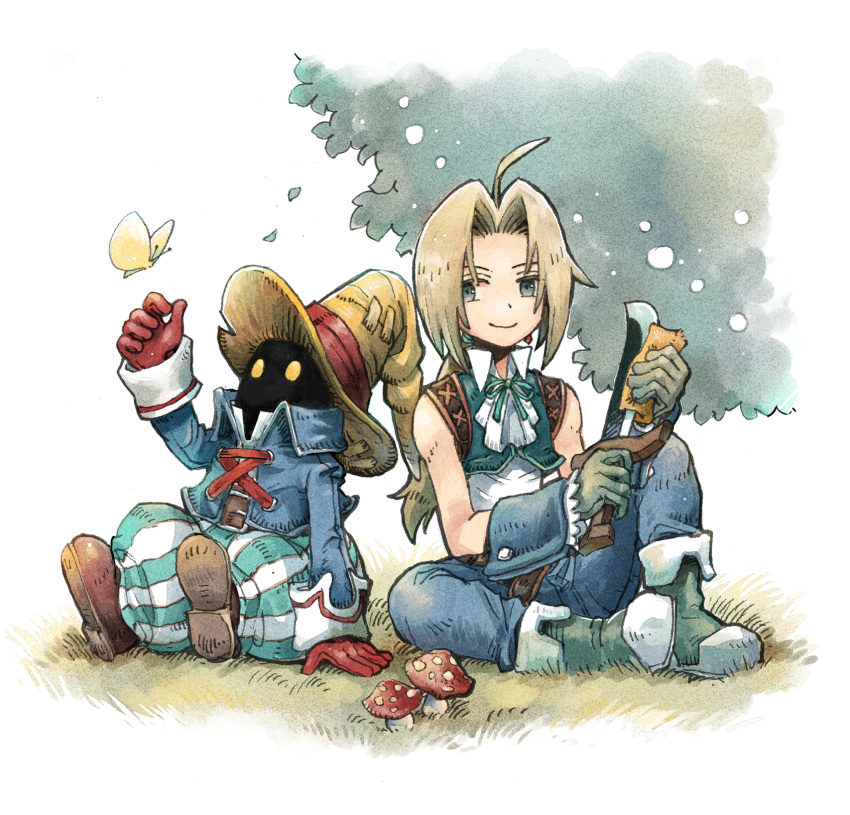 2boys baggy_pants bangs bare_shoulders black_mage blonde_hair blue_coat blue_pants blue_vest boots brown_footwear bug butterfly coat dagger falling_leaves final_fantasy final_fantasy_ix frilled_shirt_collar frills gloves grass green_eyes green_footwear green_gloves hat high_collar highres holding holding_dagger holding_weapon knife lace-up_top leaf long_hair low_ponytail male_focus mare_(pixiv) multiple_boys mushroom neck_ribbon on_ground outdoors outstretched_hand pants parted_bangs red_gloves ribbon sharpening shirt simple_background sitting sleeveless sleeveless_shirt smile striped striped_pants tree vest vivi_ornitier weapon white_shirt wizard_hat yellow_eyes zidane_tribal