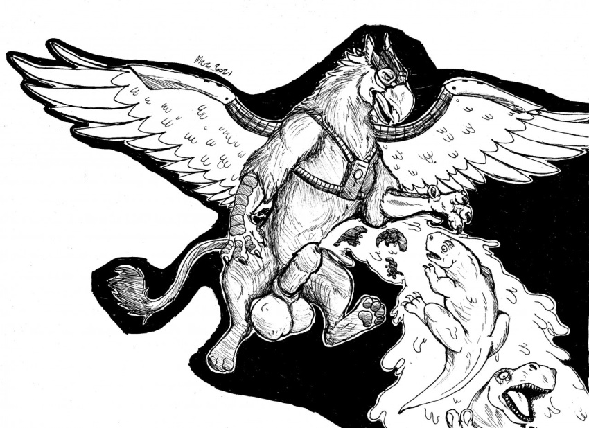 armor avian balls beak black_and_white bodily_fluids cock_vore cum dinosaur excessive_cum feral genital_fluids genitals group gryphon gryphon_pred headgear helmet male monochrome mythological_avian mythology penile penile_spines penis reptile scalie science_fiction space thatgryphonguy theropod traditional_media_(artwork) tyrannosaurid tyrannosaurus vore wings